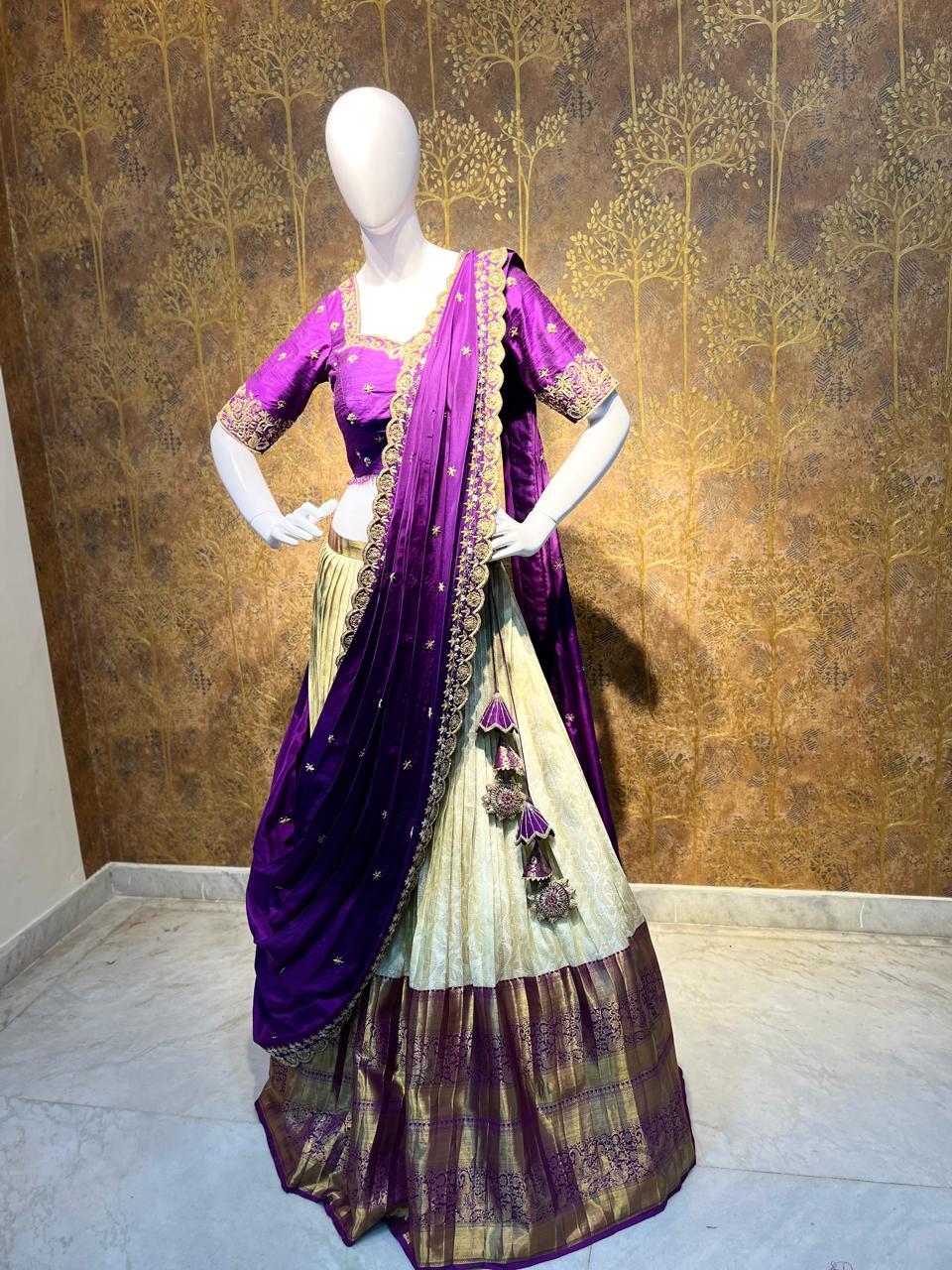 Purple velvet half saree with cream pleated skirt and zari embroidery