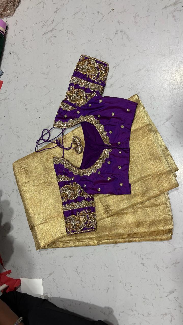 Purple silk blouse with gold zari embroidery and matching saree