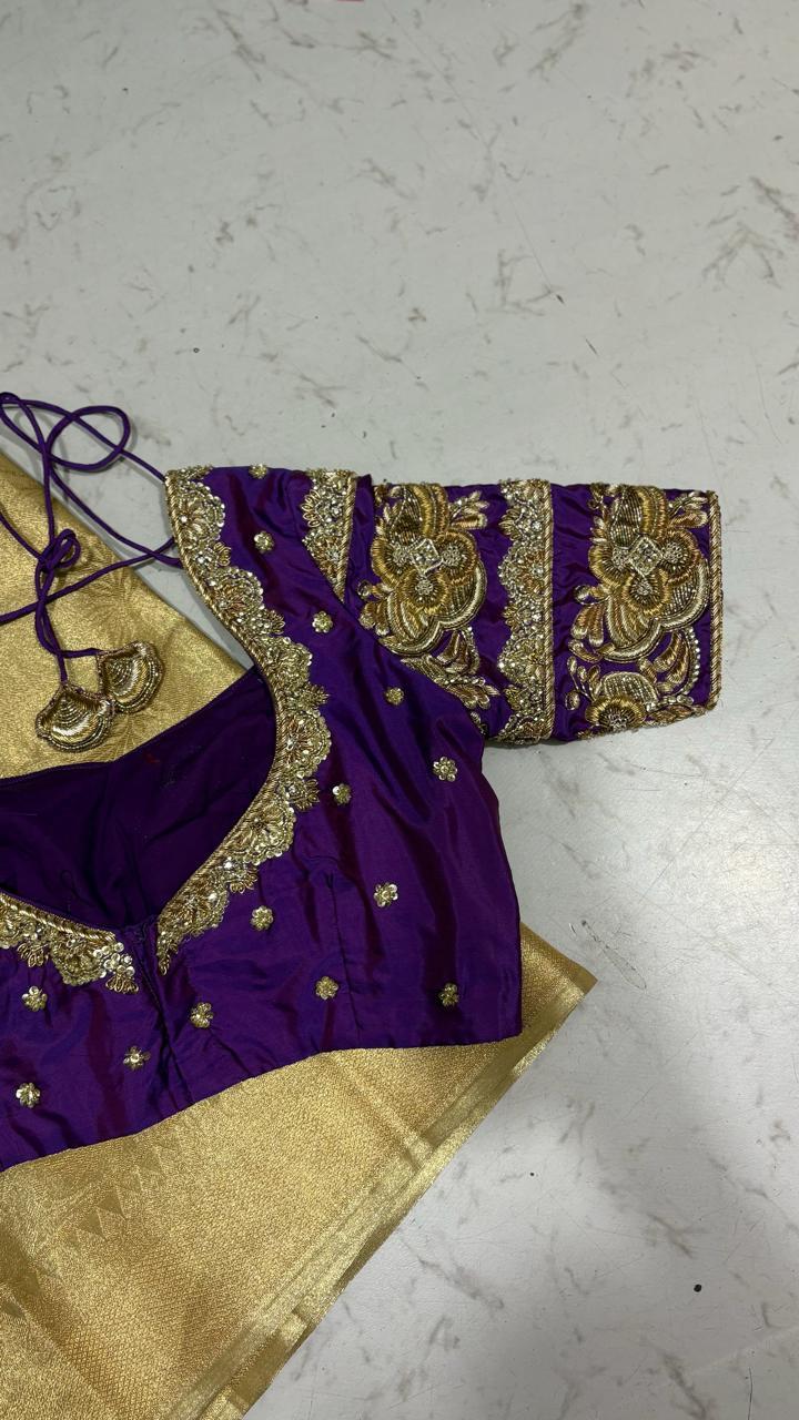 Purple velvet blouse with gold zari embroidery and ornamental borders