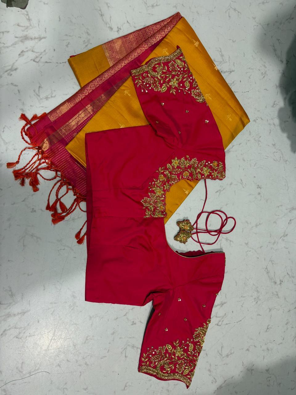 Red silk saree with yellow blouse, gold zari embroidery work