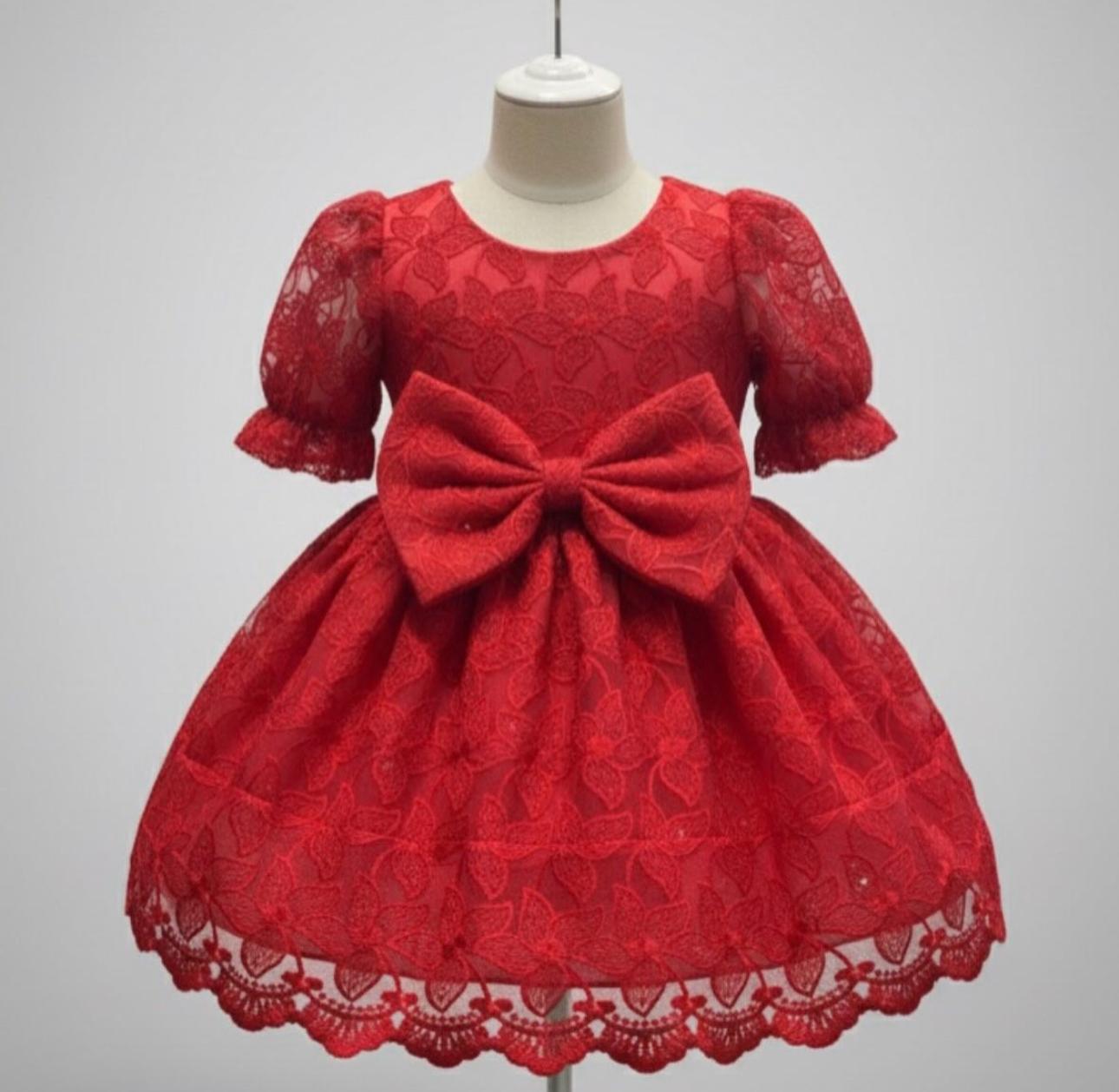Red lace girls party wear dress with puff sleeves and bow