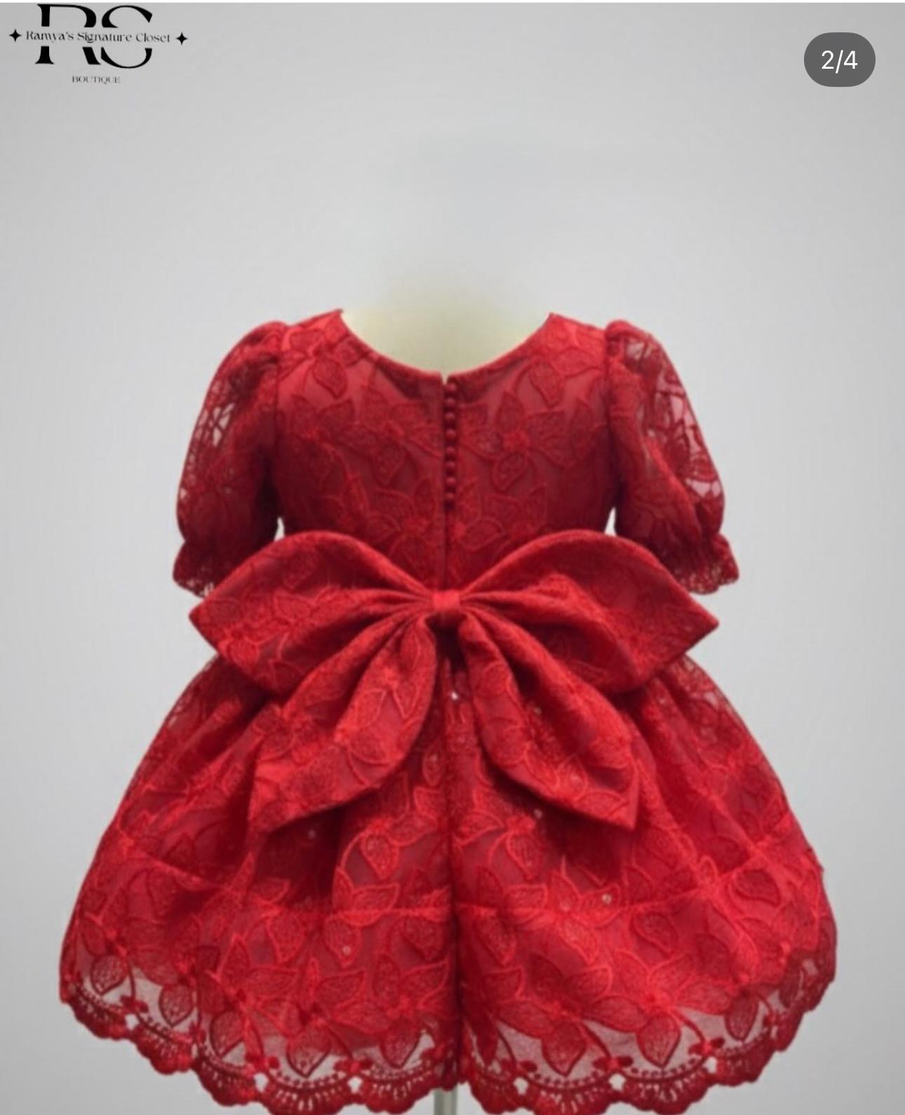 Red lace kids party wear dress with puff sleeves and bow