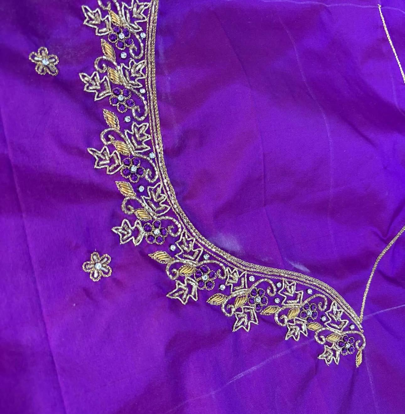 Purple silk saree with gold zari floral embroidery border