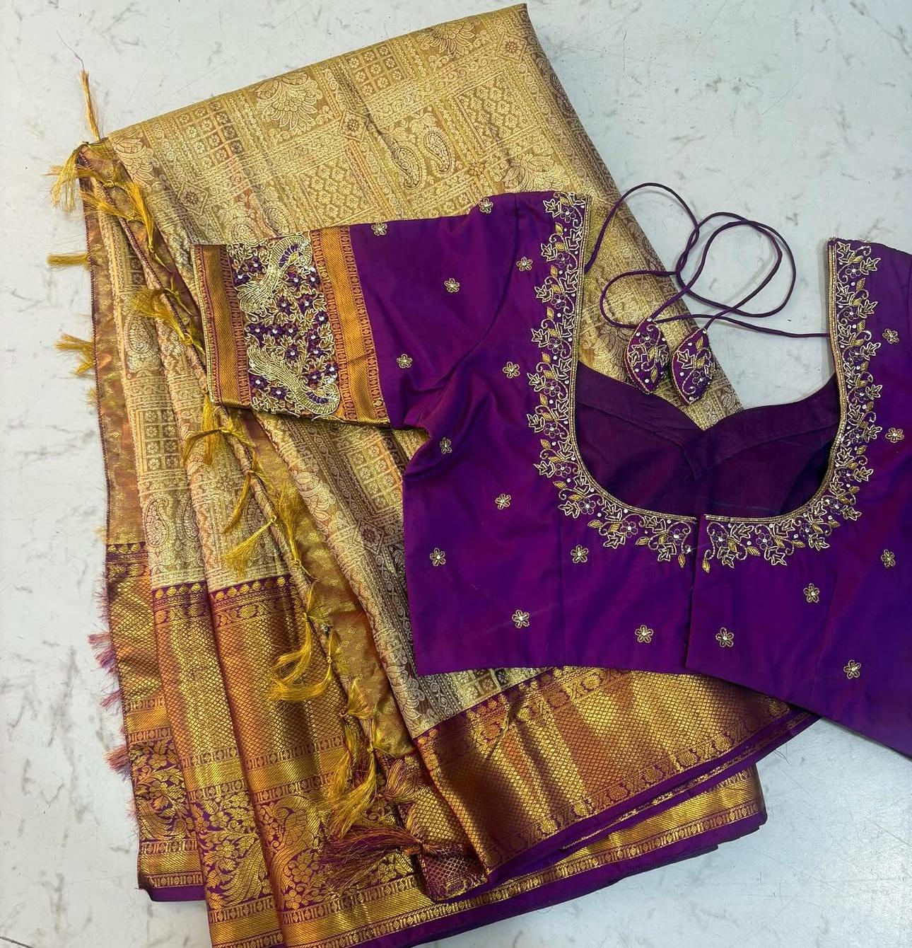 Purple silk blouse with gold zari embroidery and matching Banarasi saree