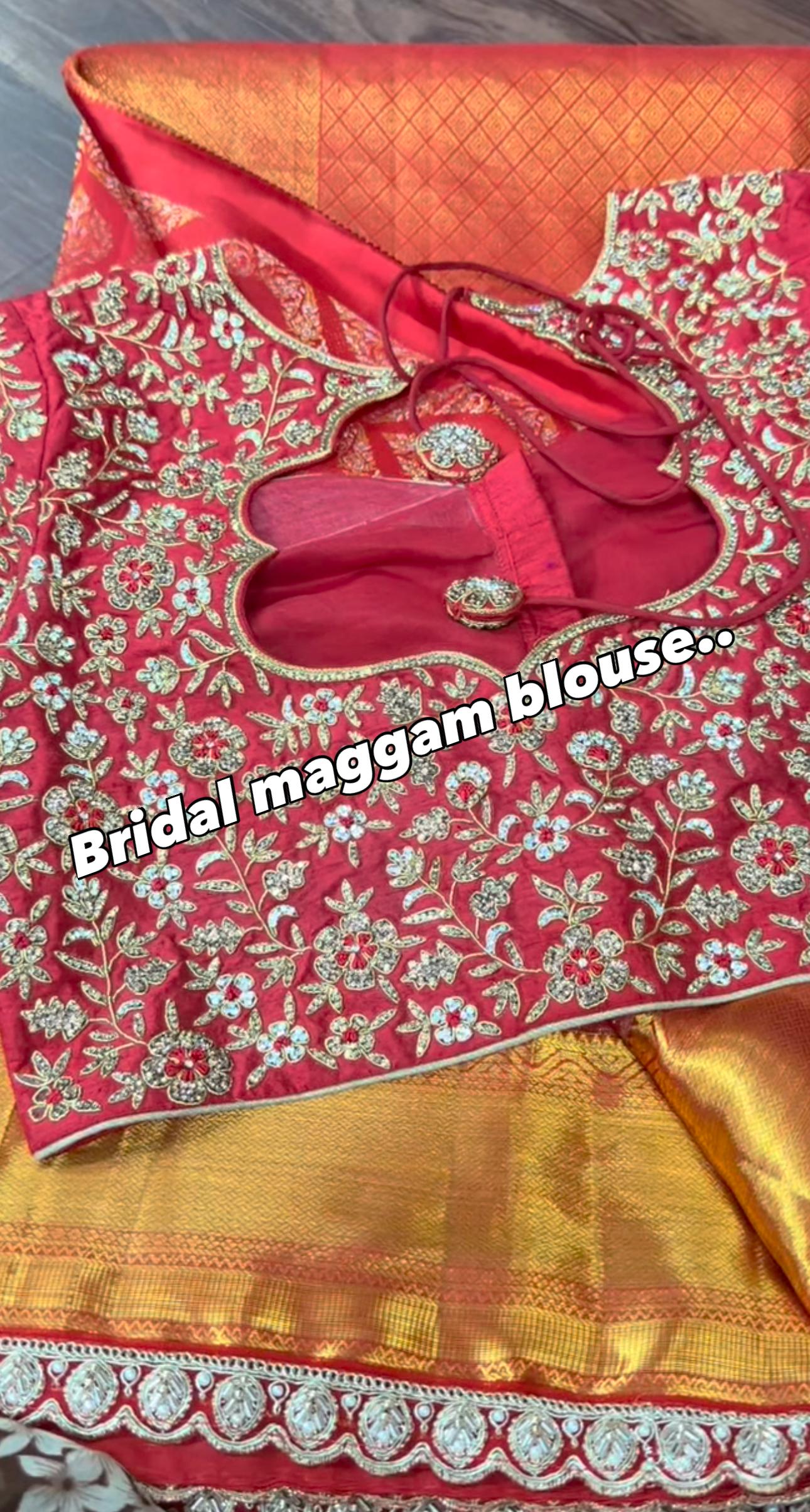 Red bridal blouse with gold floral maggam work embroidery