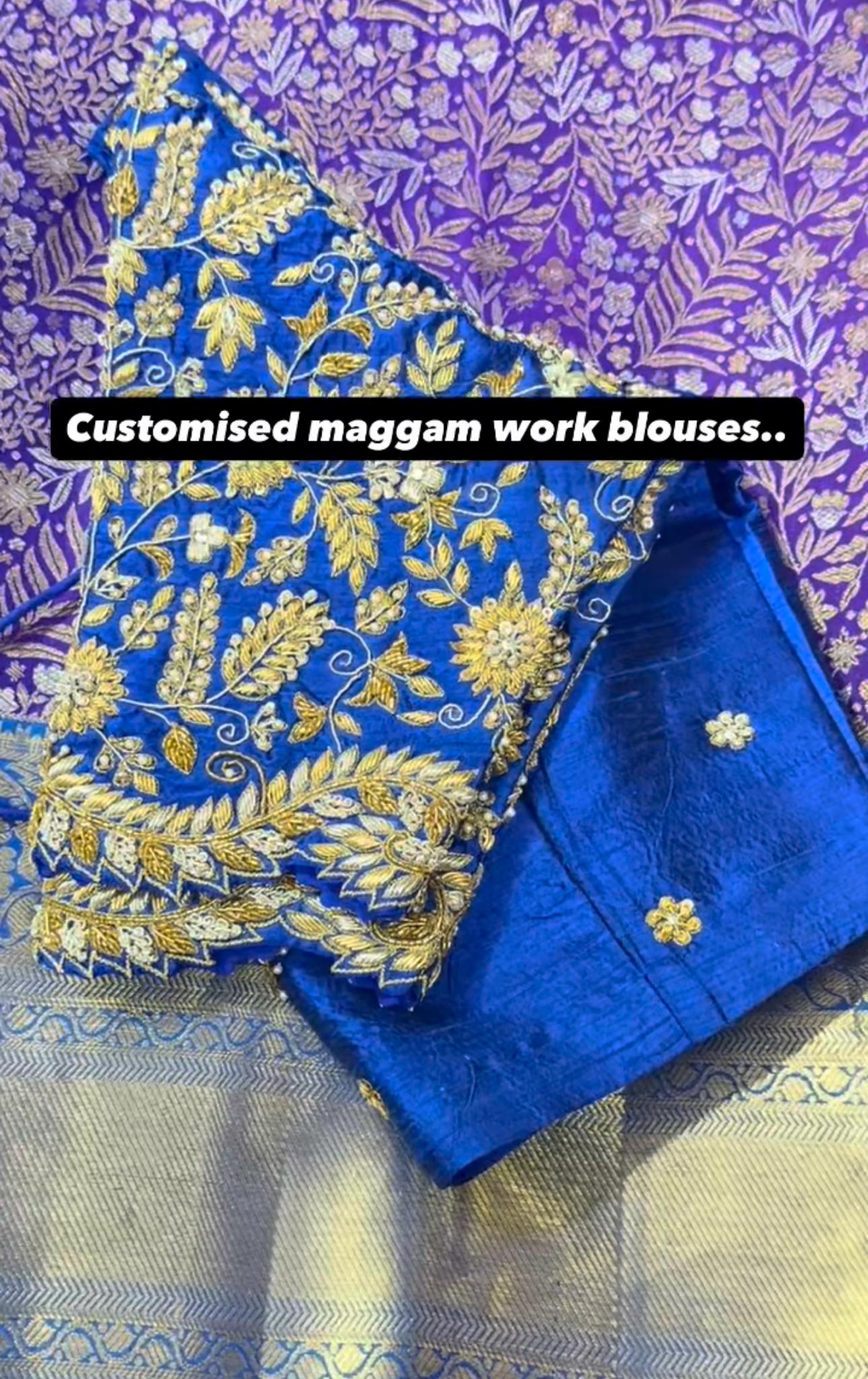 Customised blue maggam work blouse with gold floral embroidery