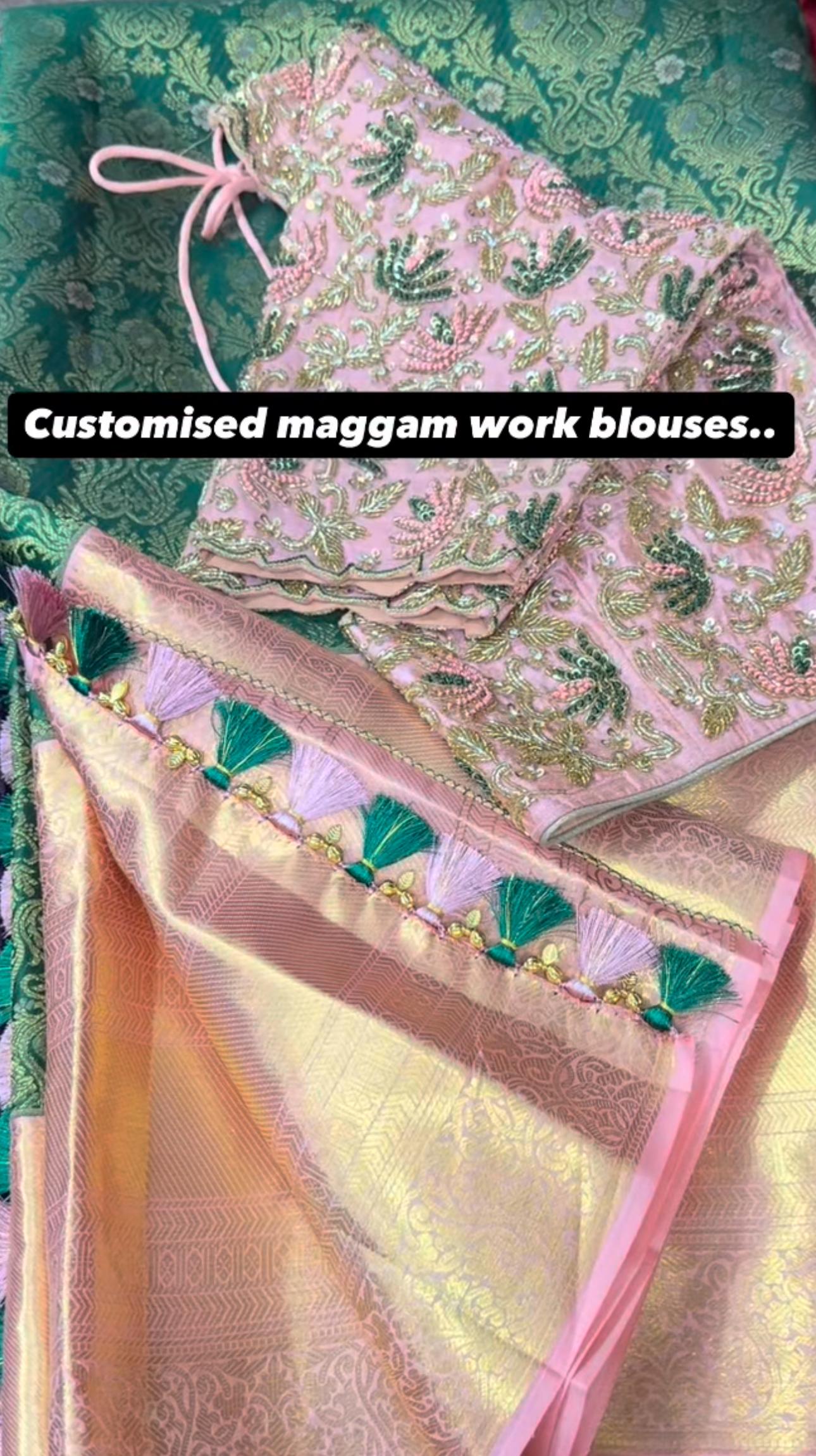 Customised pink maggam work blouse with gold and green embroidery