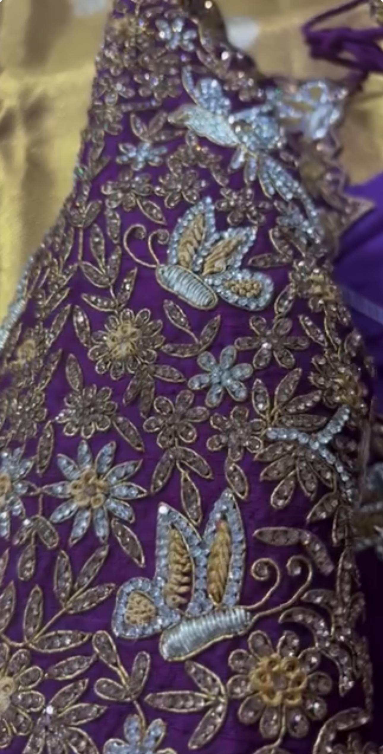 Purple bridal blouse with dense gold and silver floral maggam work