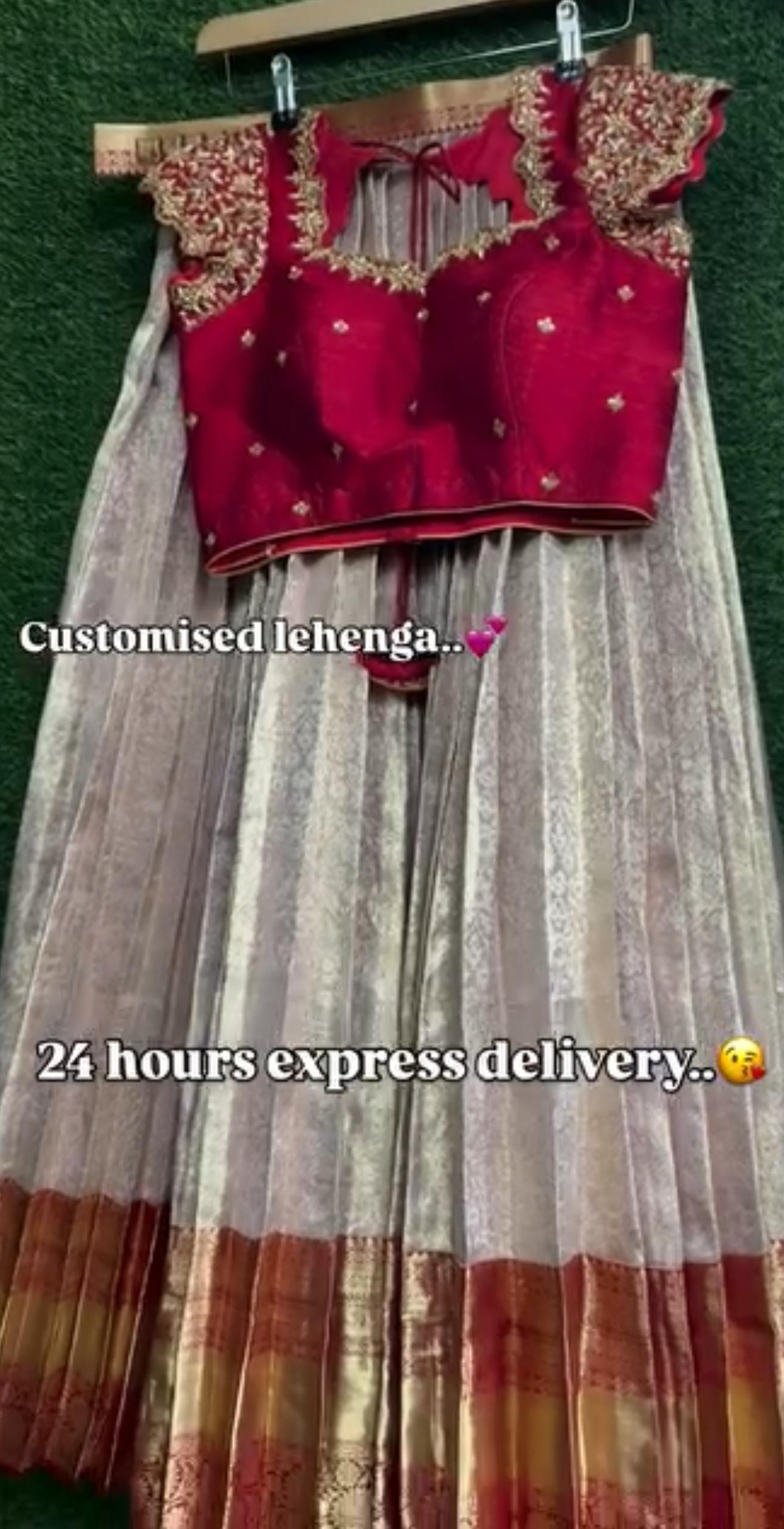 Customised red lehenga with gold embroidered blouse and pleated skirt