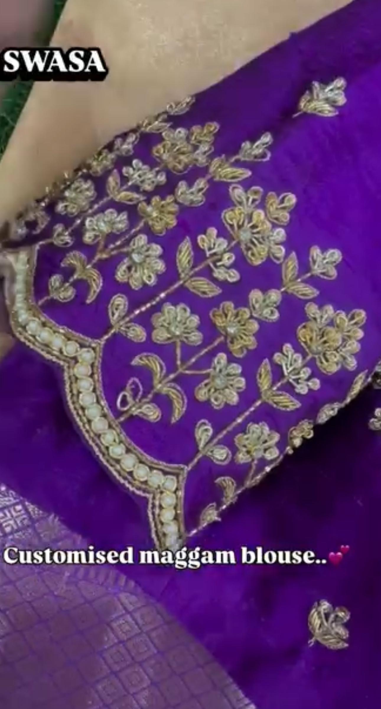 Purple customised maggam work blouse with gold floral embroidery