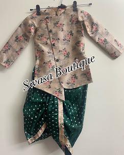 Beige floral kurta with dark green dhoti pants set