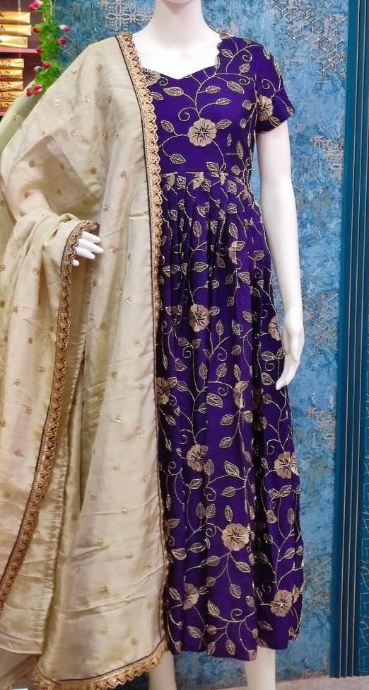 Purple Anarkali with gold floral embroidery and cream dupatta