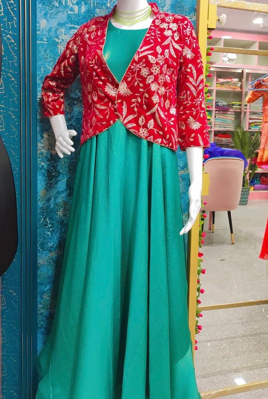 Green maxi dress with red floral embroidered jacket and lime choker