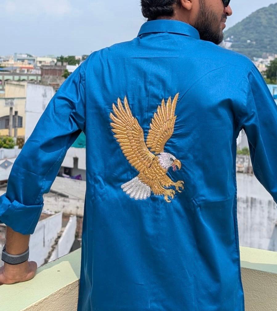 Royal blue shirt with golden embroidered eagle design
