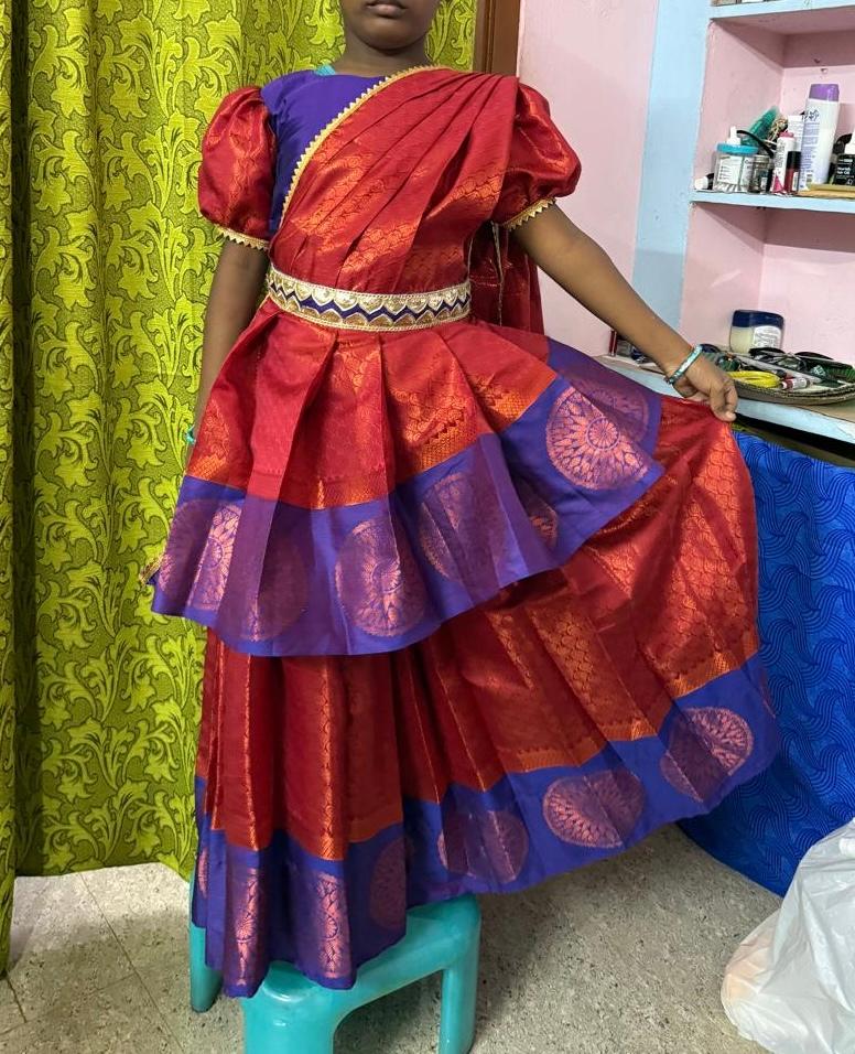 Red and blue silk saree with gold zari embroidery and puff sleeve blouse