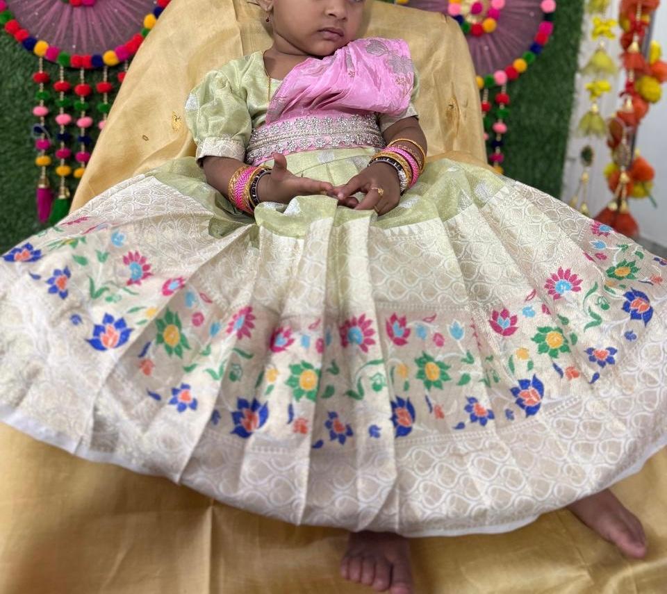 Pink and cream embroidered lehenga with floral design for kids