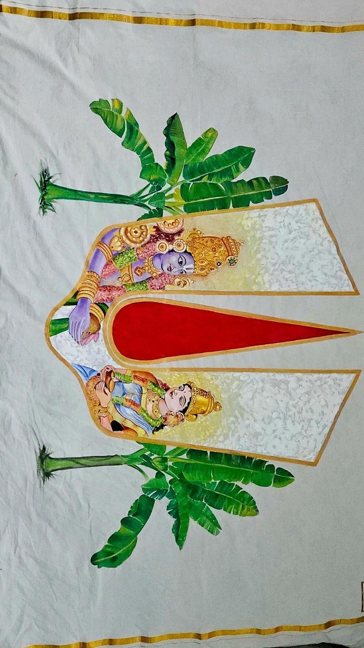 Traditional textile design with deity figures and banana leaf motifs