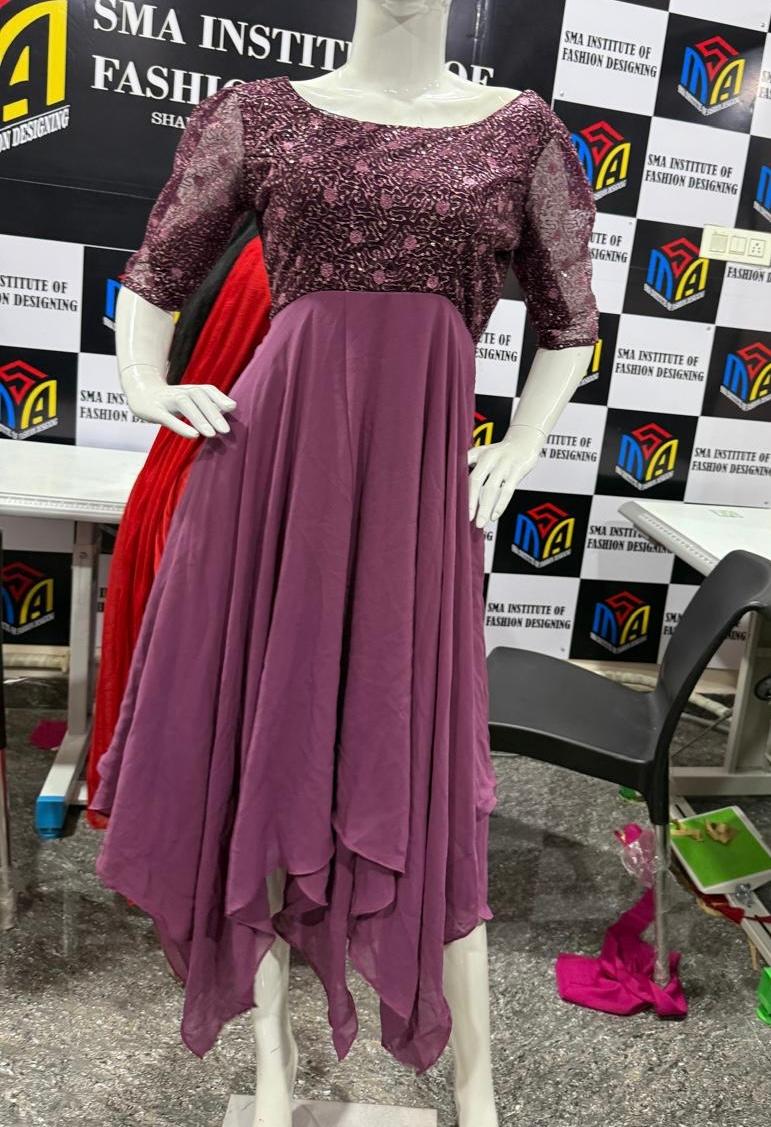 Purple textured gown with puff sleeves and flowing asymmetrical skirt
