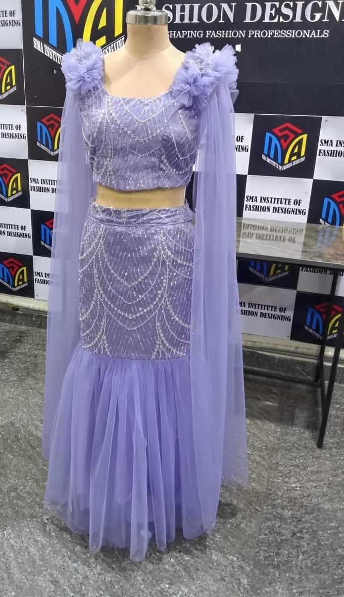 Lavender lehenga with sequin embellishment and flowing tulle skirt