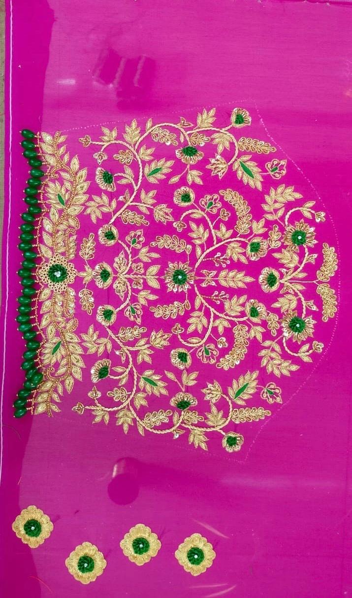 Magenta blouse with gold zari floral embroidery and green stone work
