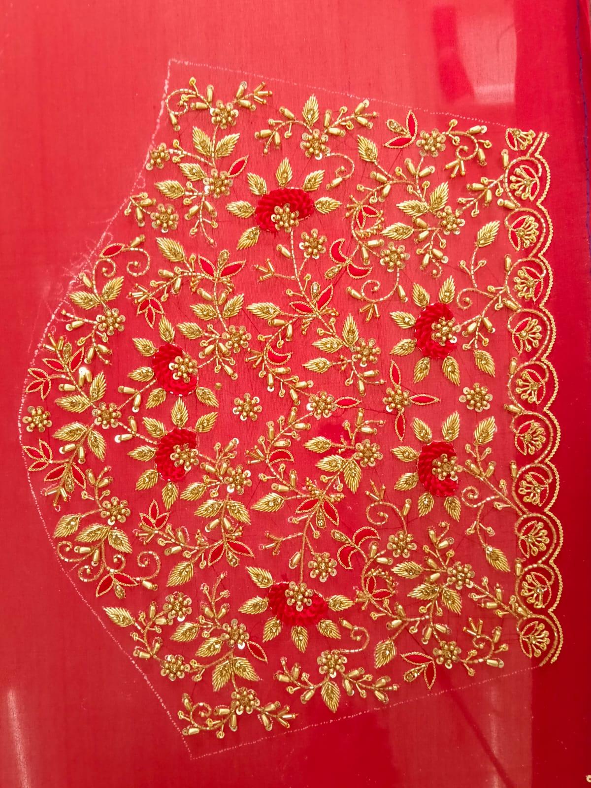 Red blouse with gold zari floral embroidery and scalloped border