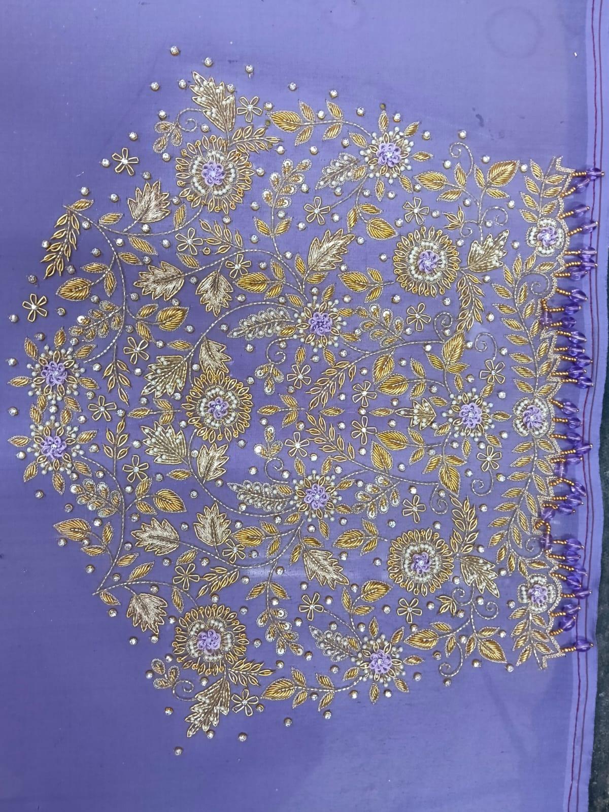 Purple saree with gold zari floral embroidery and pearl beadwork
