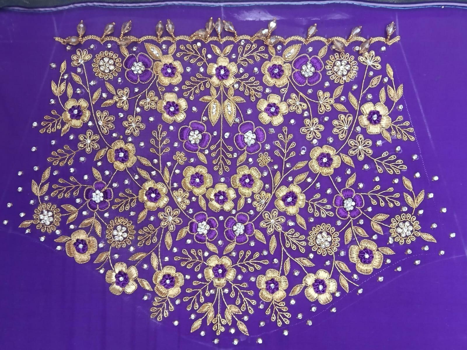 Purple blouse with gold zari floral embroidery and pearl details