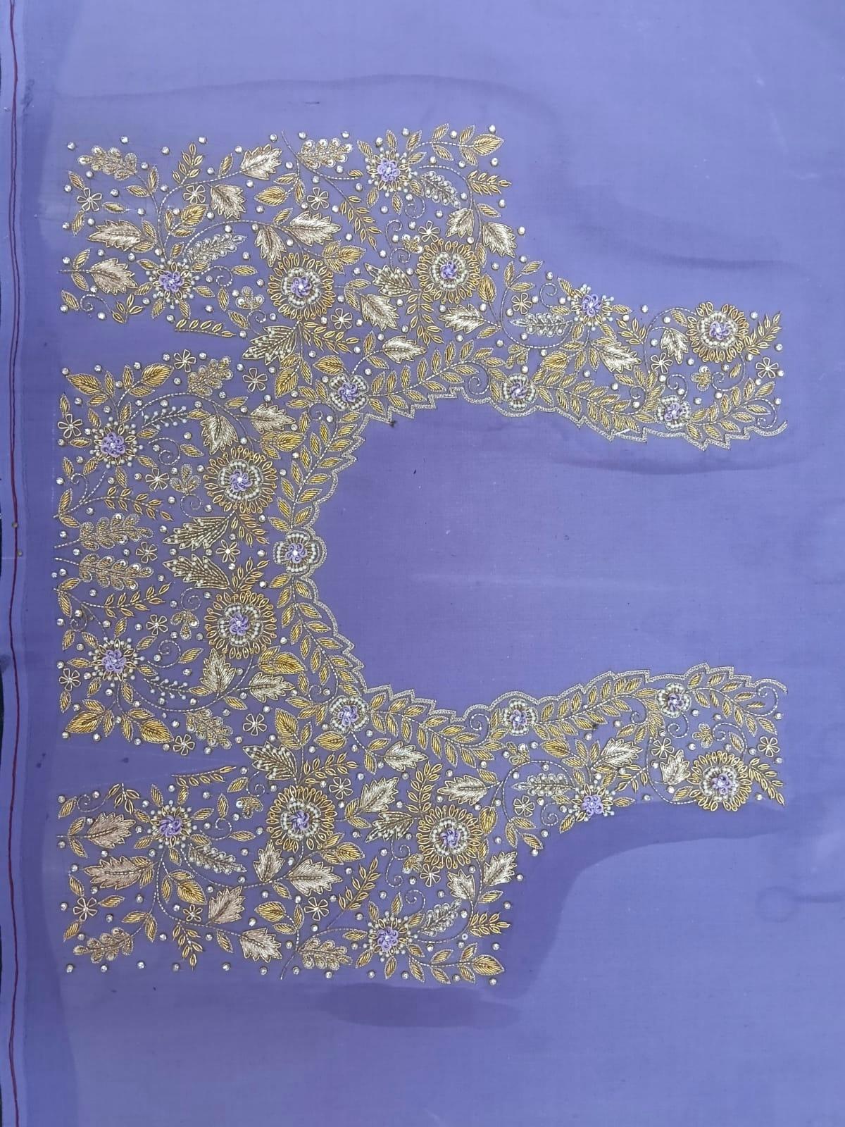 Purple blouse with gold zari floral embroidery and pearl detailing