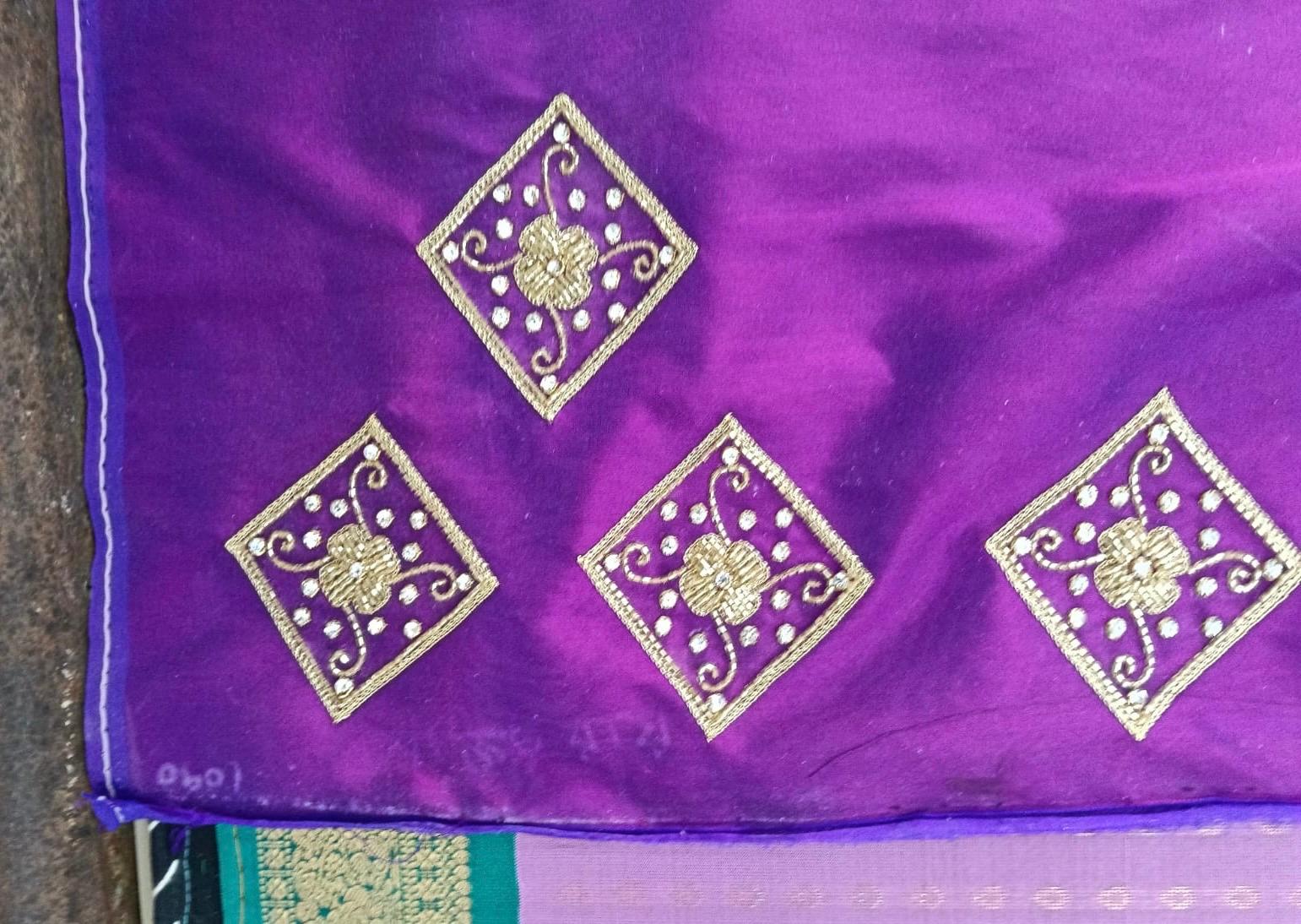 Purple silk saree with gold maggam work diamond motifs