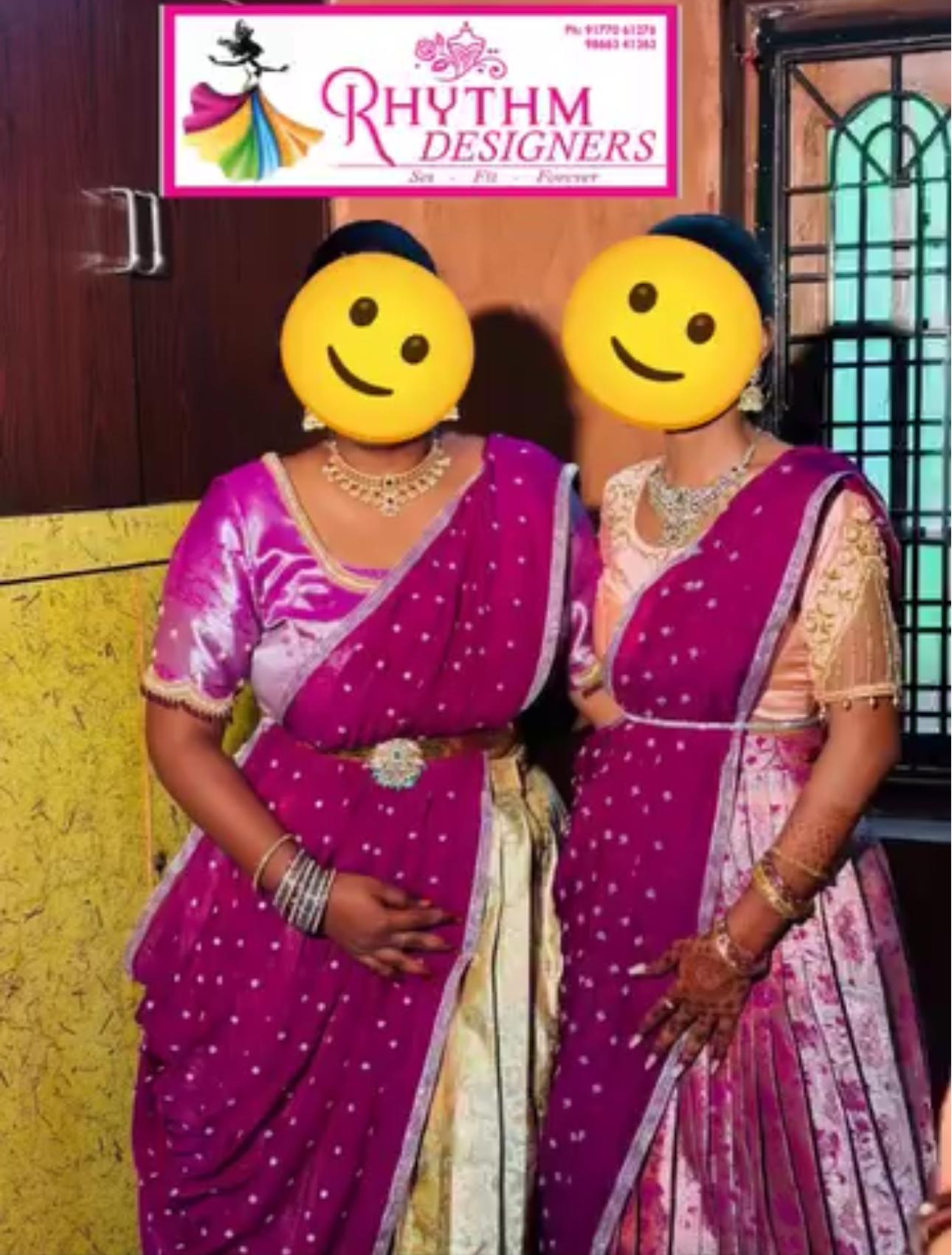 Magenta saree with mirror embellishments and gold lace border