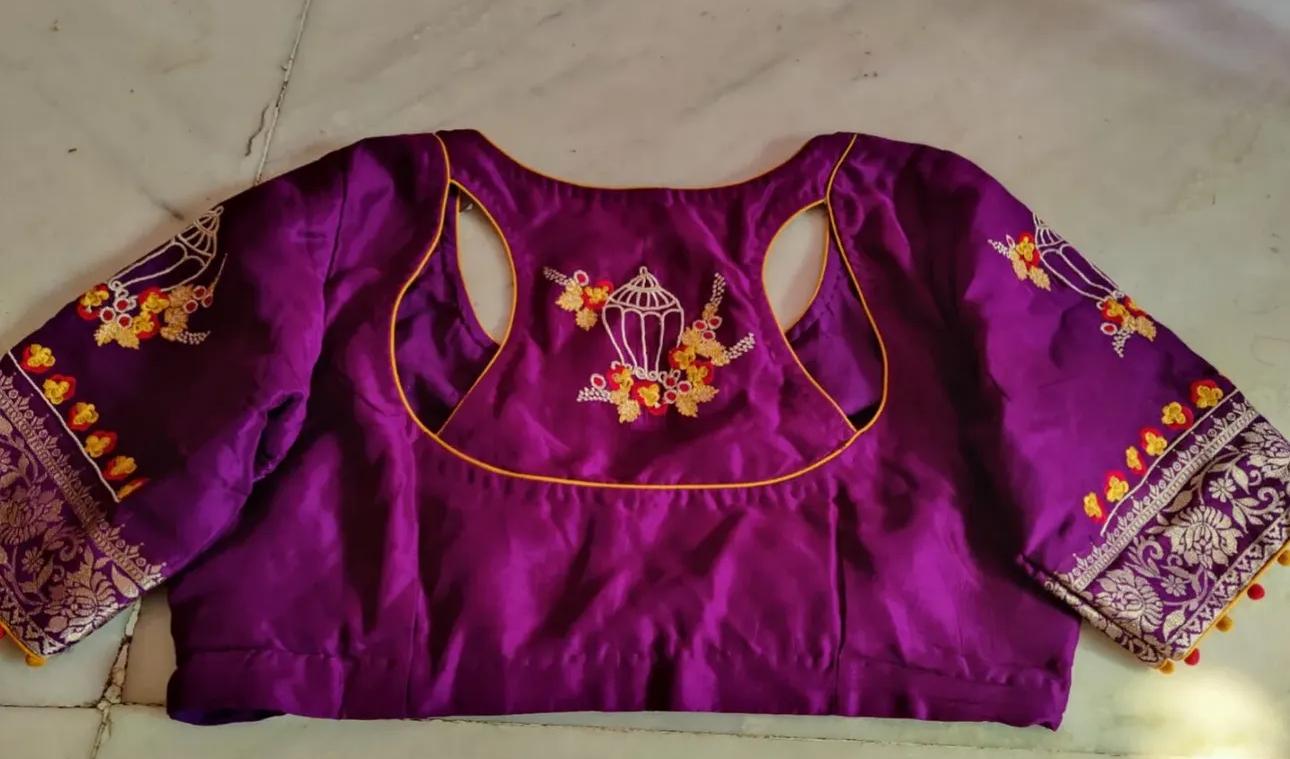 Purple silk brouse with gold embroidery and floral maggam work design
