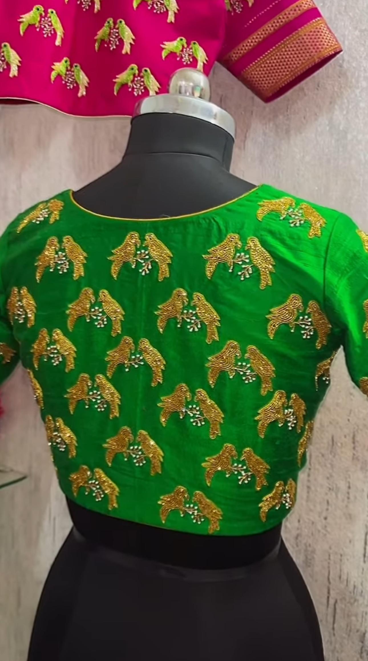 Green blouse with repeated maggam work motif design
