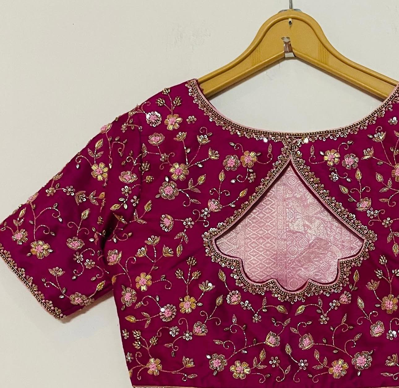 Maroon bridal blouse with floral maggam work back design
