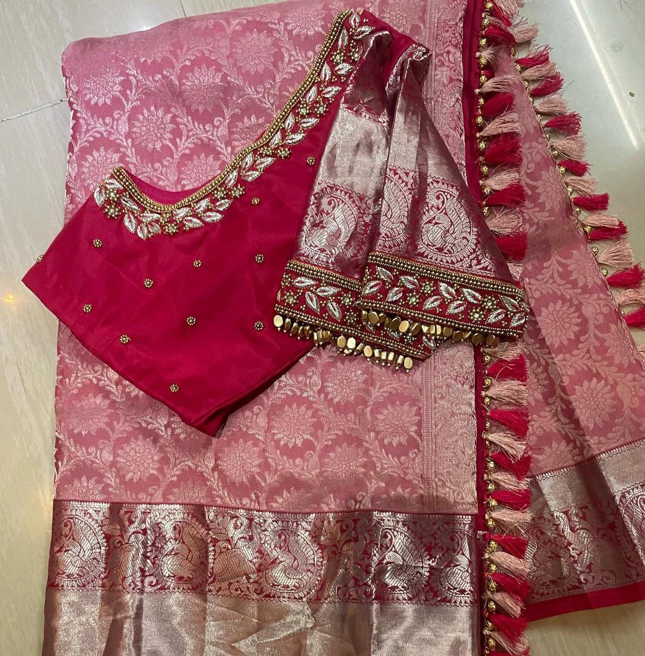maroon bridal blouse with maggam work paired with silk saree