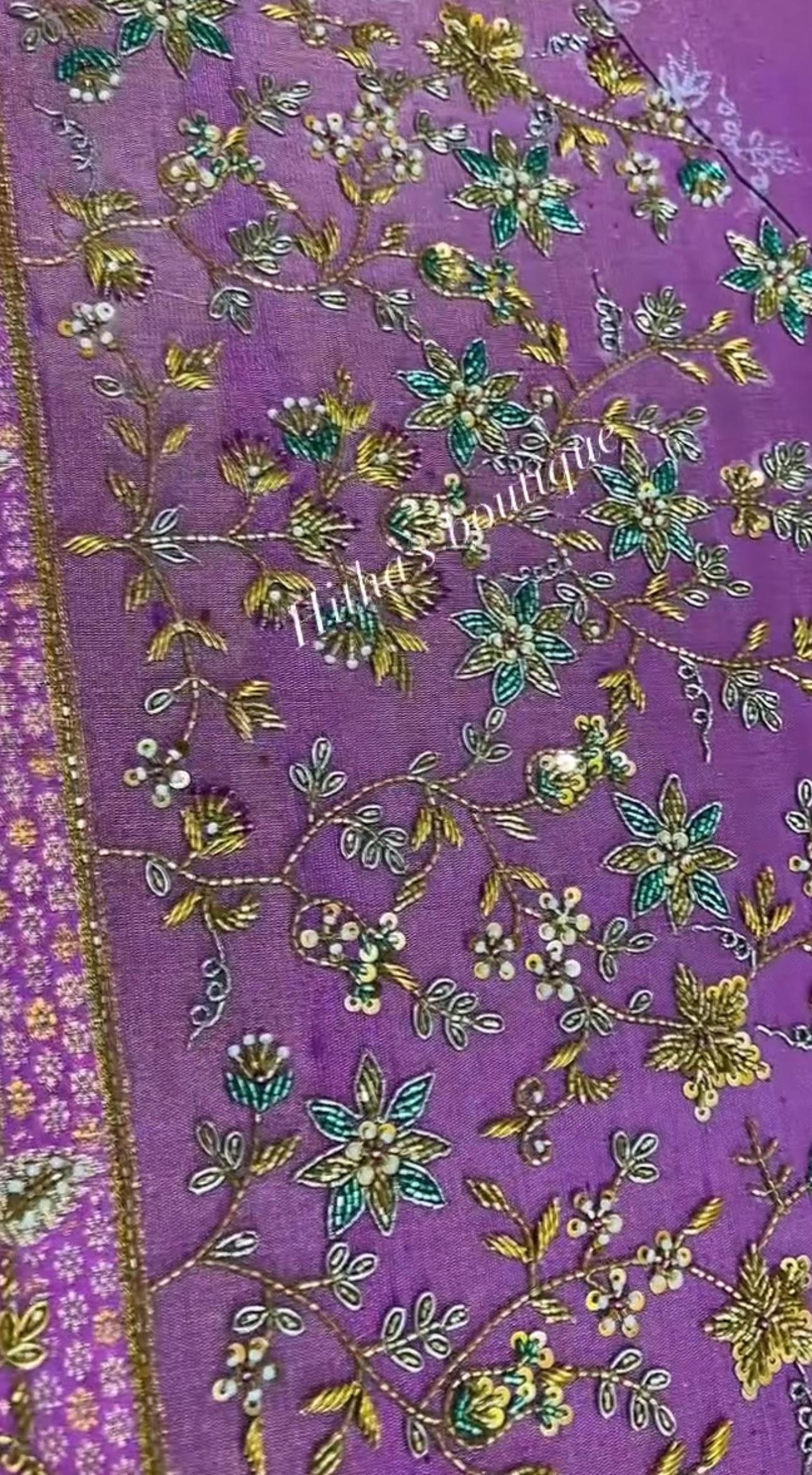 Purple blouse with colorful floral maggam work embroidery
