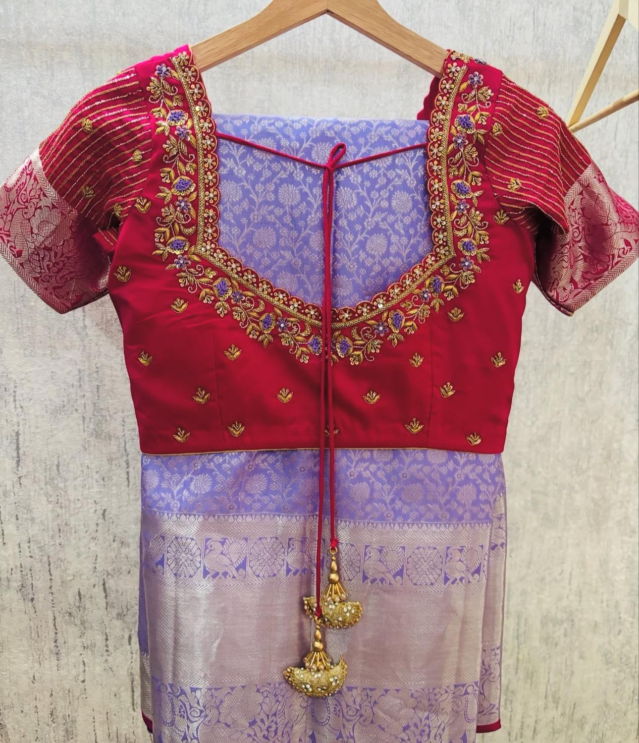 red bridal blouse with elegant maggam work back design