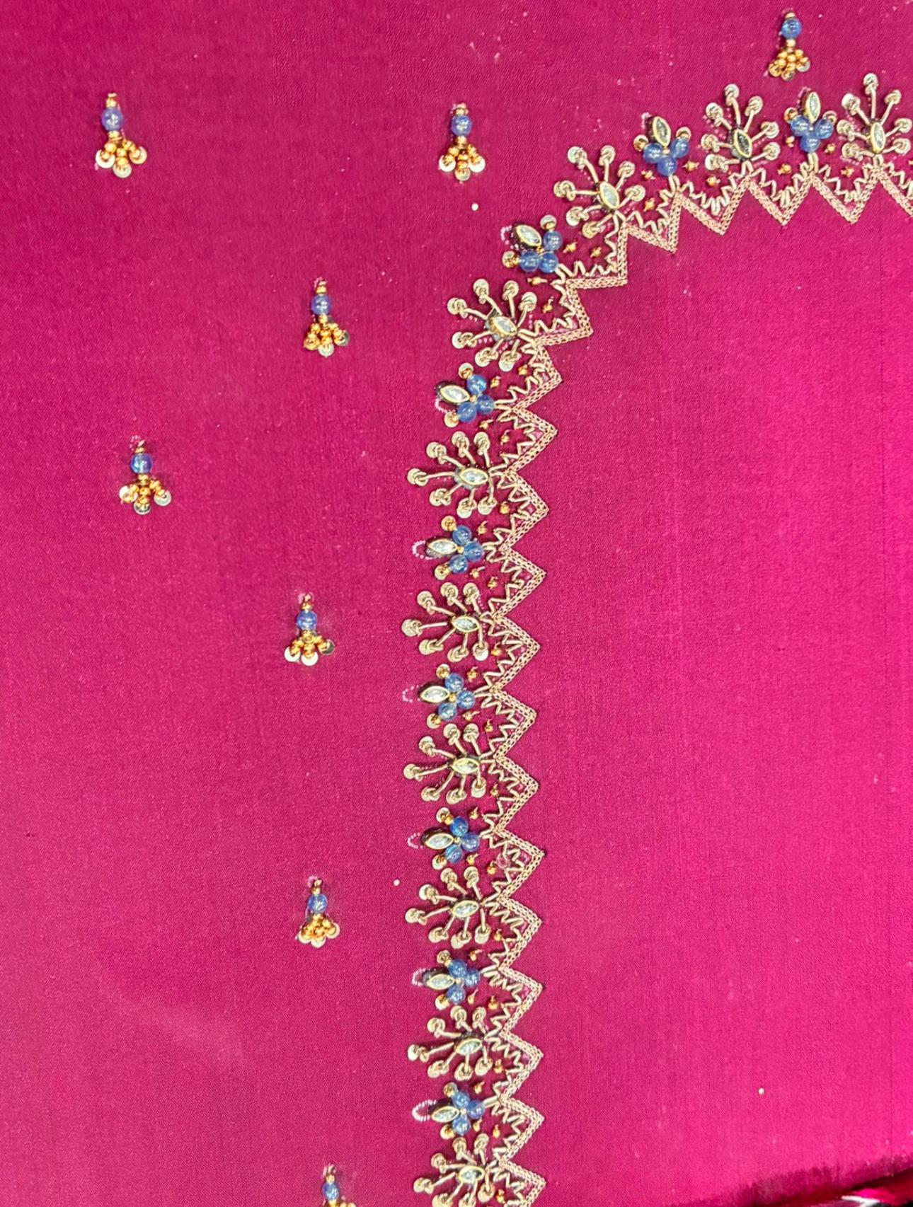 Pink blouse border with elegant maggam work and stone embroidery