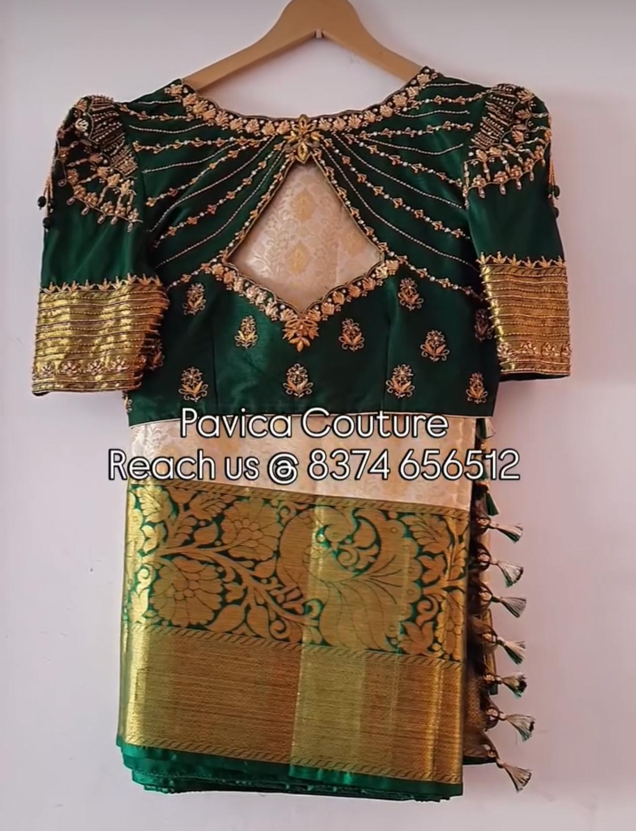 Green bridal designer blouse with heavy stone work and handcrafted embroidery by Pavica’s Couture