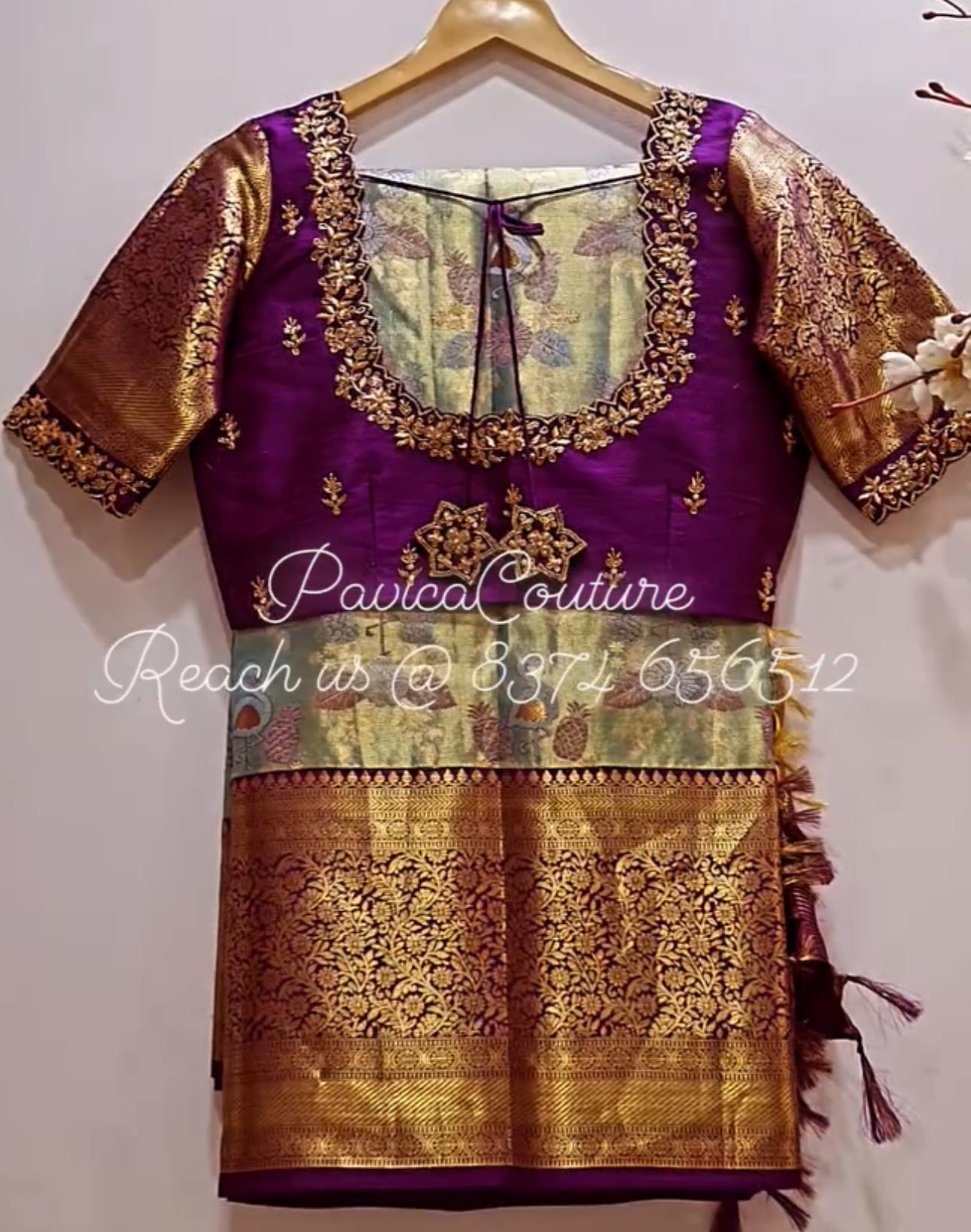 Purple bridal back neck blouse with zari embroidery and traditional silk design by Pavica’s Couture