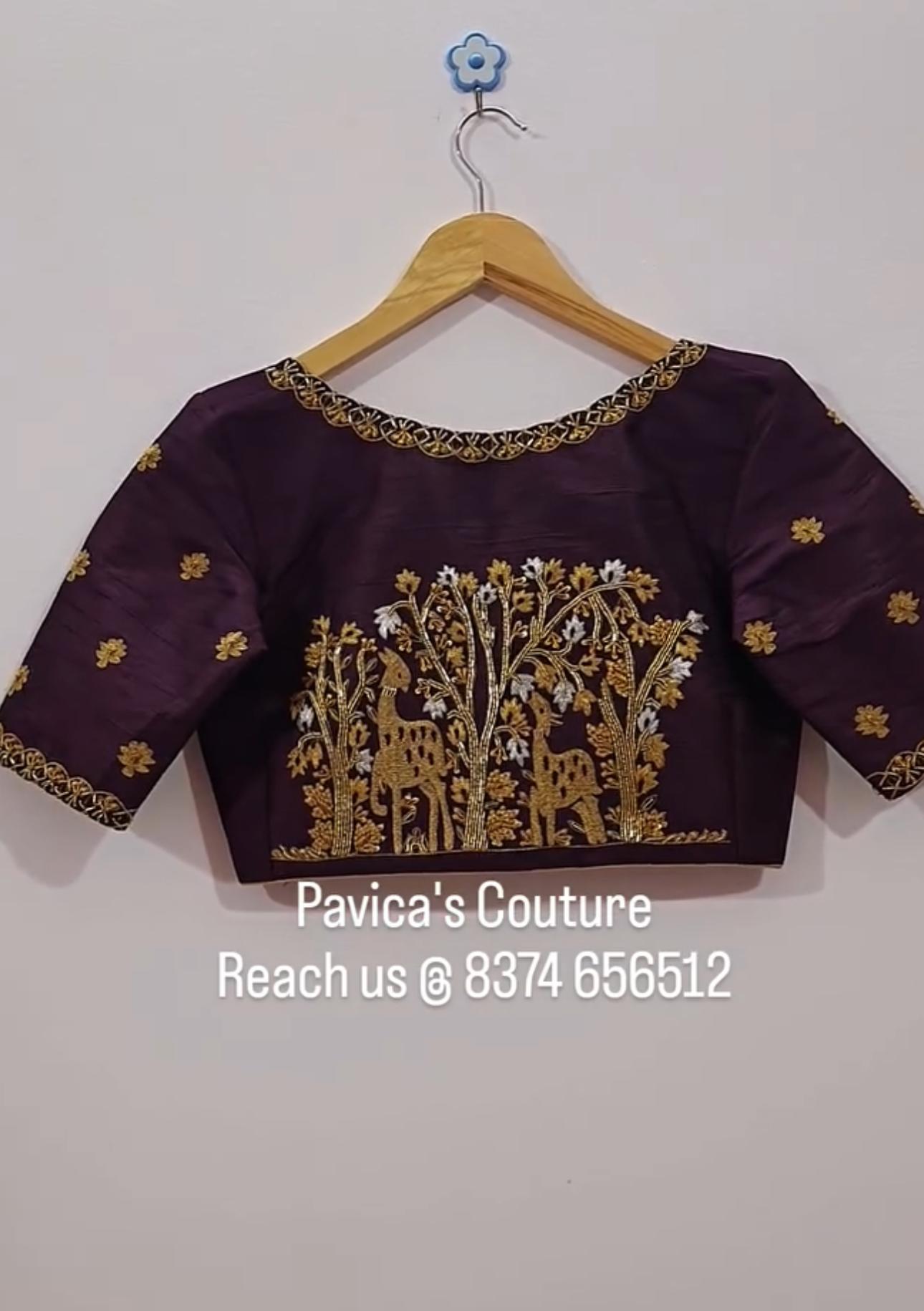 Purple bridal blouse with rich hand embroidery designed by Pavica's Couture Hyderabad