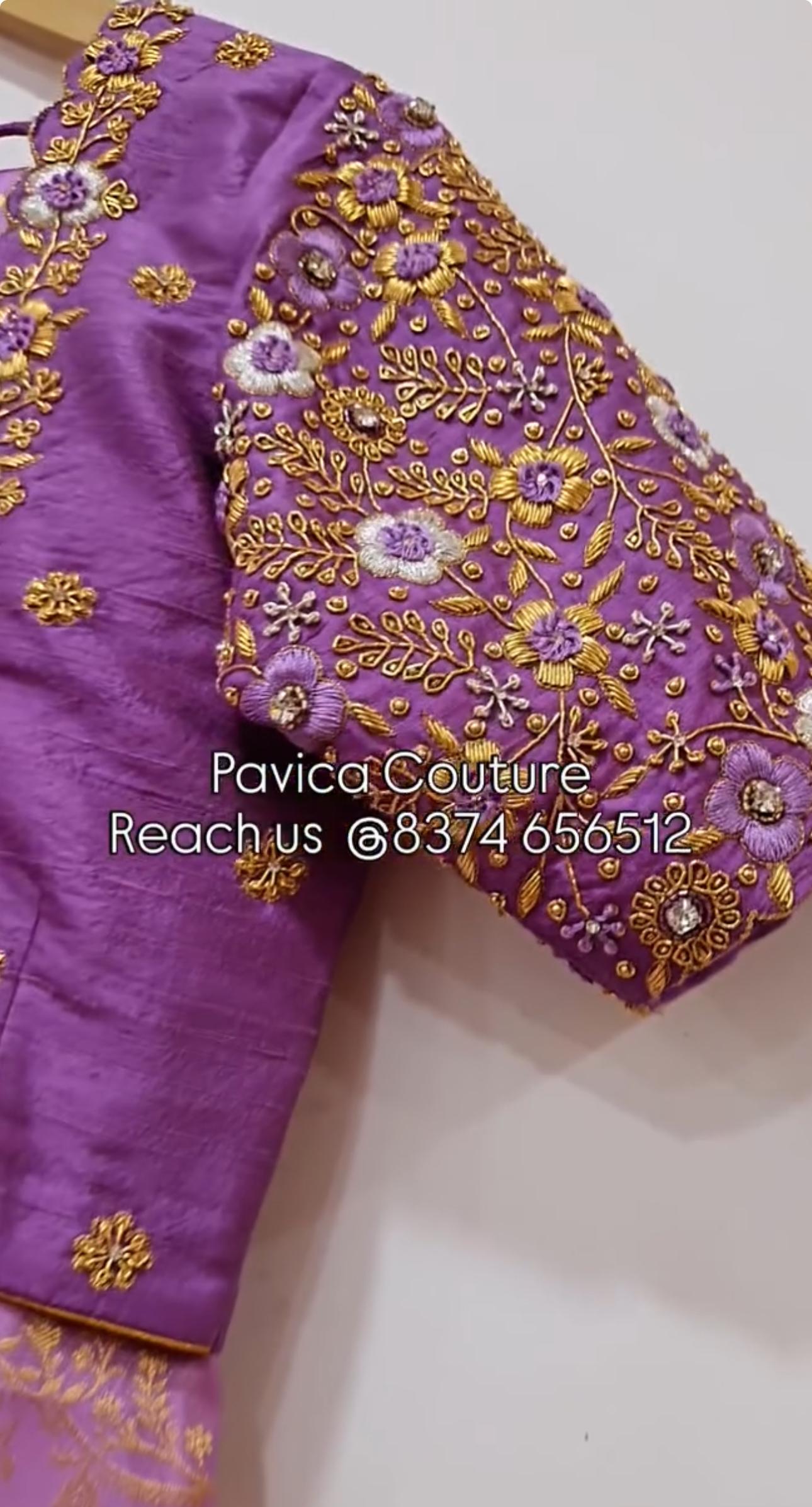 Purple bridal blouse sleeve with intricate maggam embroidery by Pavica’s Couture Hyderabad