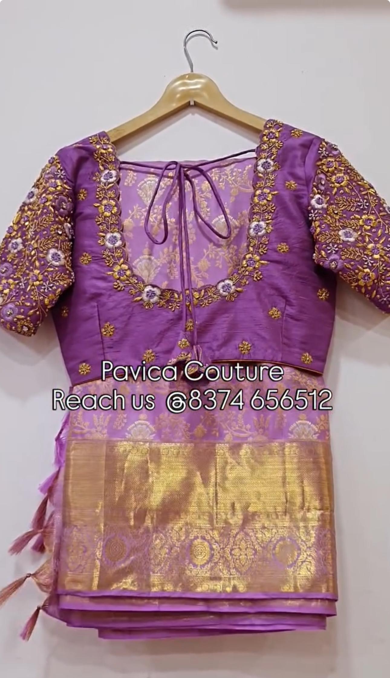 Purple bridal silk blouse with zari border and elegant embroidery by Pavica’s Couture Hyderabad