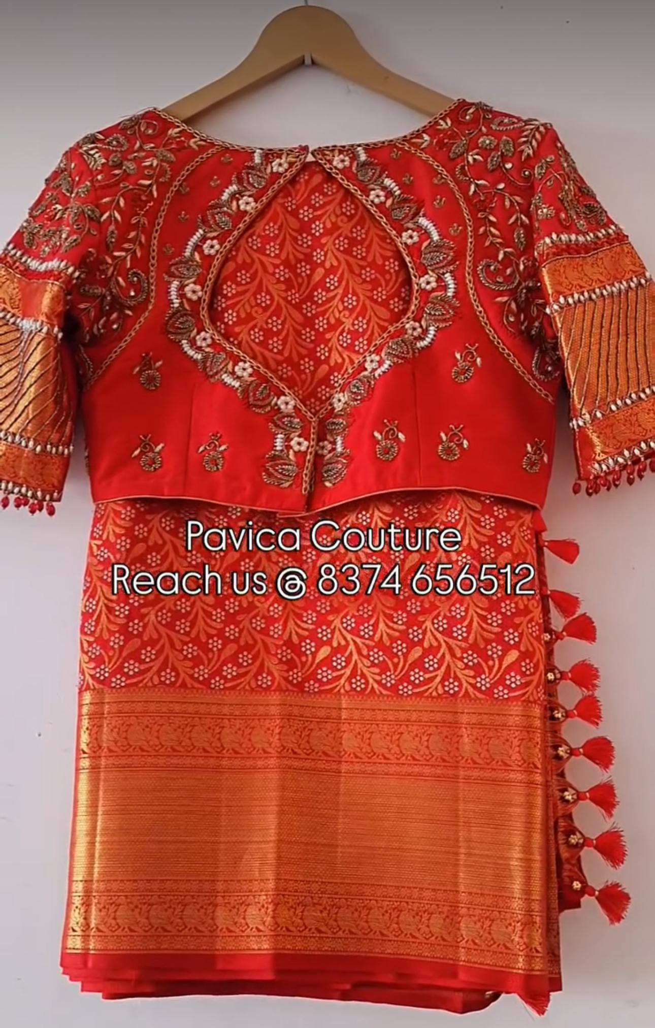Red bridal silk blouse with traditional embroidery work by Pavica's Couture Hyderabad