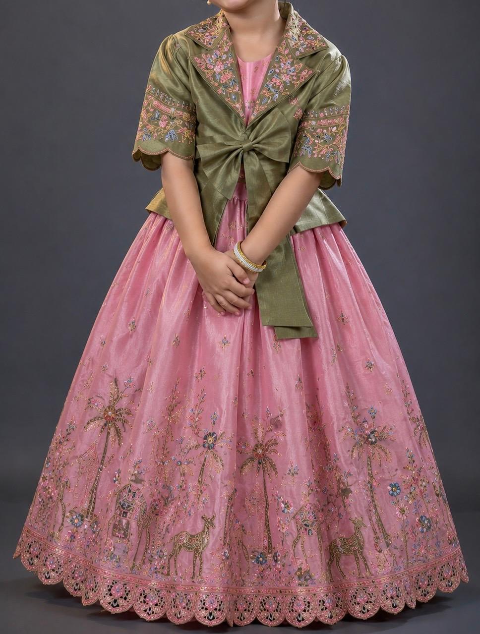 Pink embroidered lehenga with olive green jacket featuring floral maggam work by June Moon. Boutique — Lehenga Design