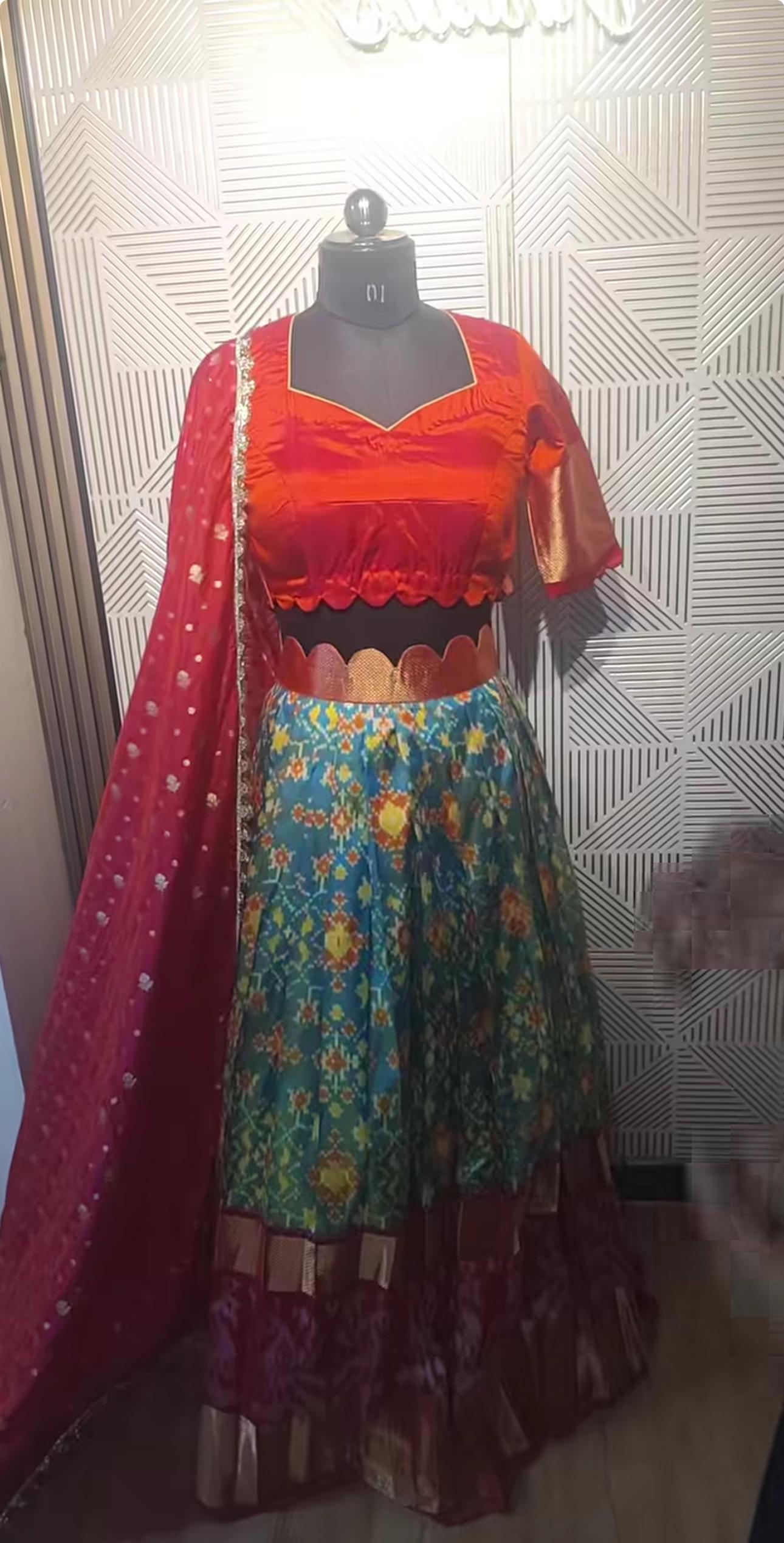 Red silk crop top lehenga with floral printed skirt and embroidered dupatta by Vinita’s Boutique — Lehenga Design