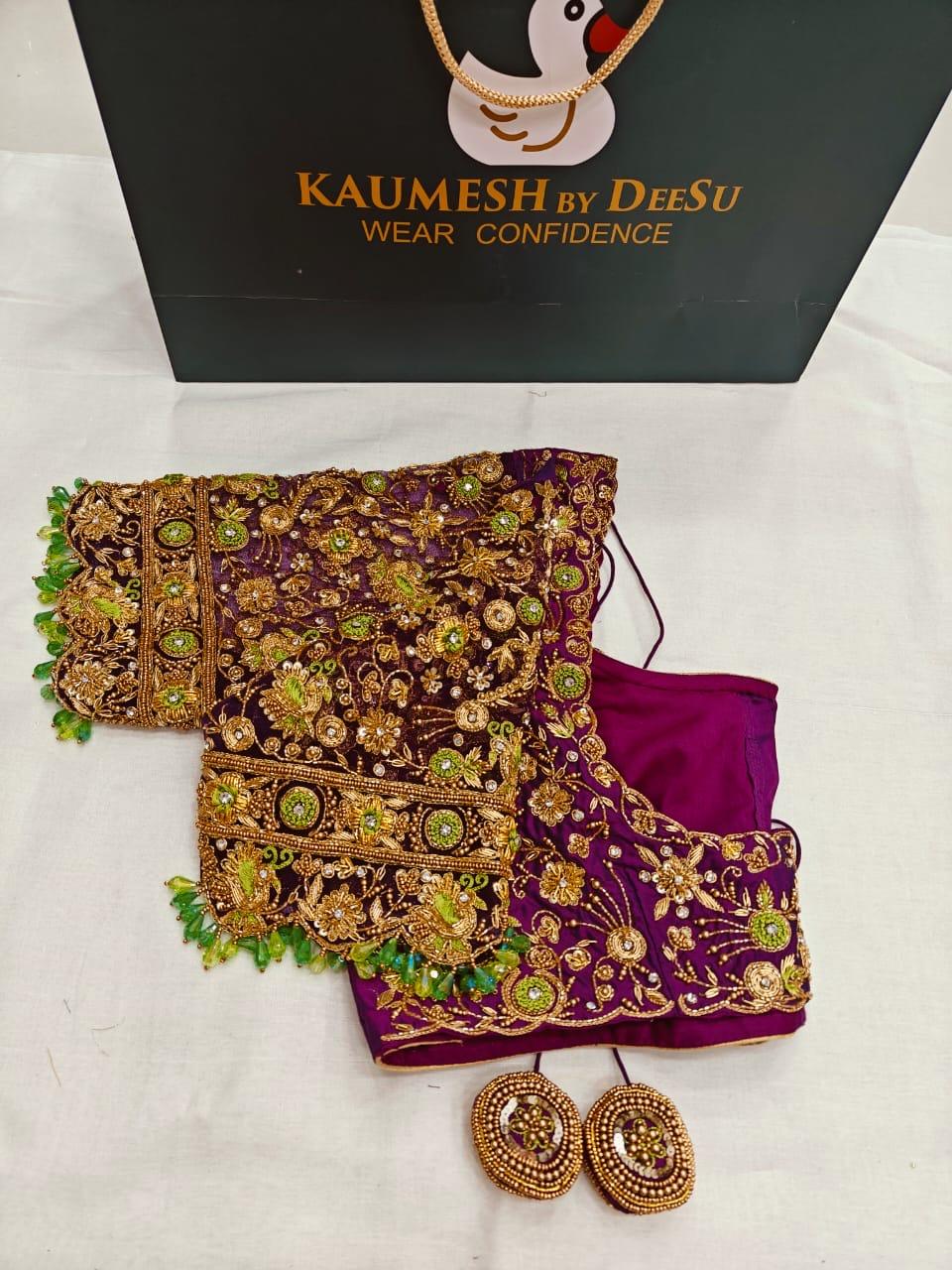 Purple bridal heavy maggam work blouse with green stone embroidery and tassel detailing by Kaumesh by Deesu Hyderabad