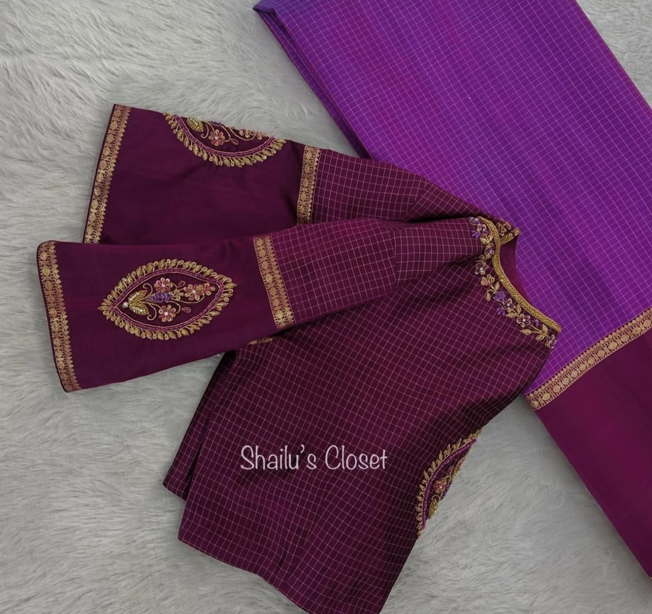 Classic maroon silk blouse with traditional woven border detailing, ideal for temple and festive sarees.