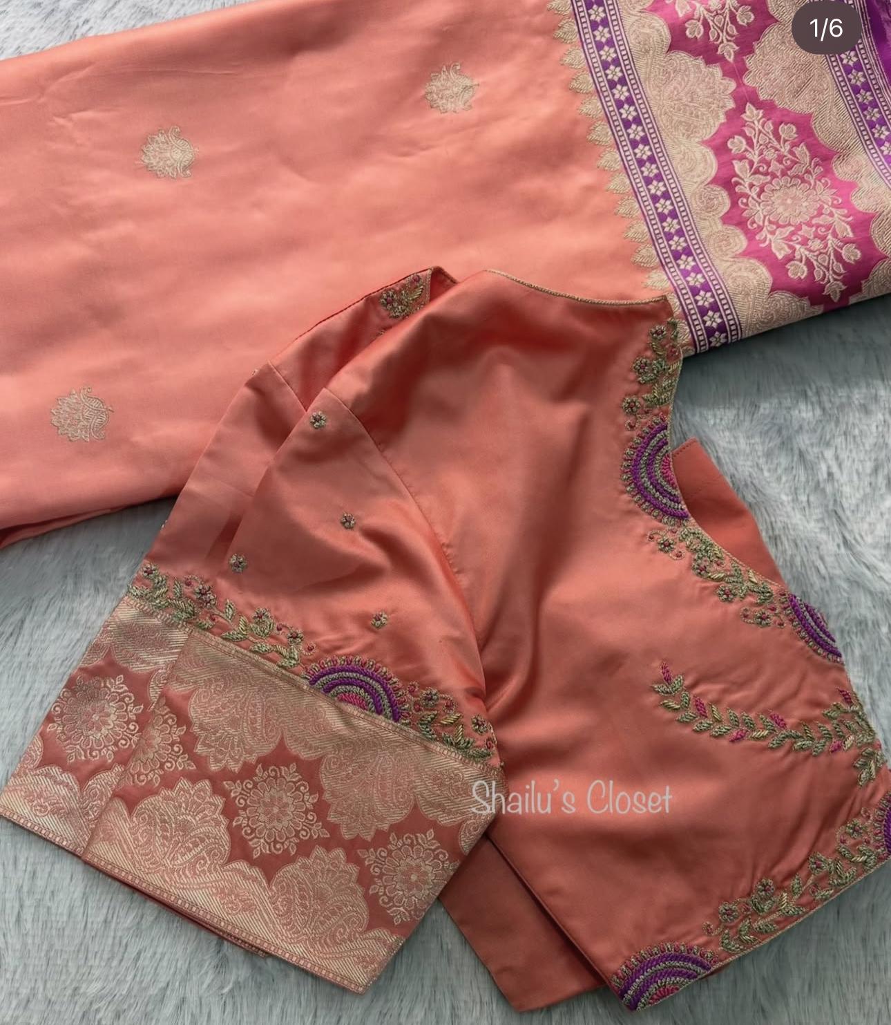 Stylish peach blouse featuring intricate embroidery along the neckline and sleeves, perfect for partywear sarees.