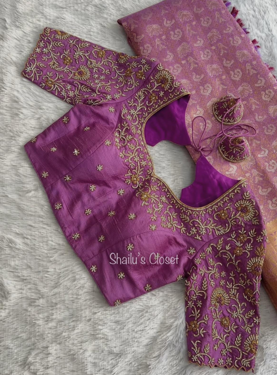 Purple bridal back neck blouse with zari embroidery and elegant silk finish