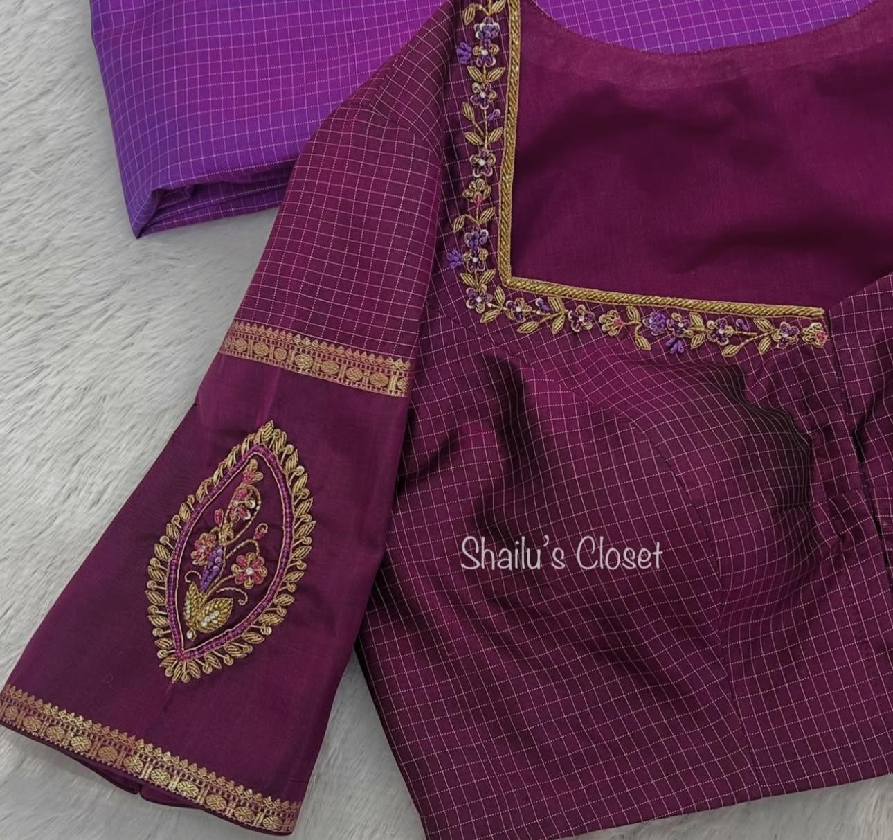 Stylish purple blouse featuring detailed designer border embroidery, suitable for festive and special events.